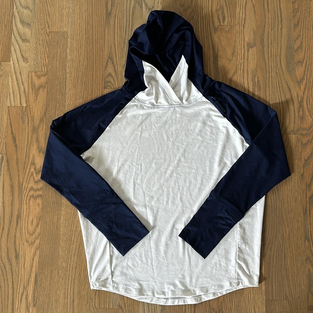 Brooks Run Happy Long Sleeve Top sz Small Women’s Hooded Blue White Color Block